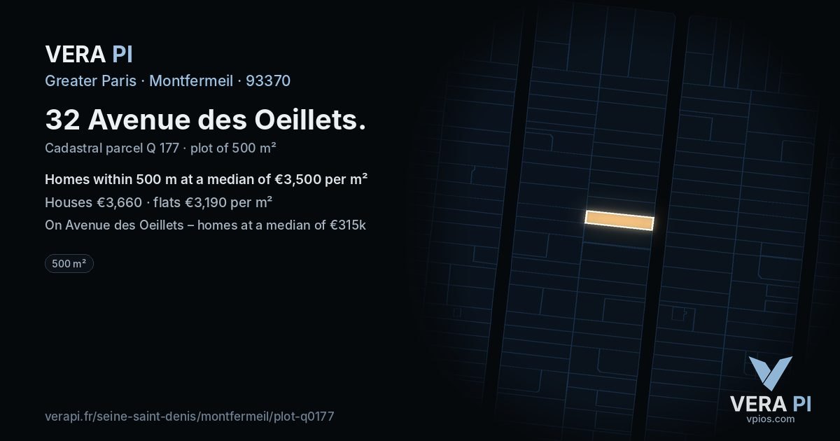 32 Avenue des Oeillets, Montfermeil at night – the plot lit, the parcels around coloured by the prices near them
