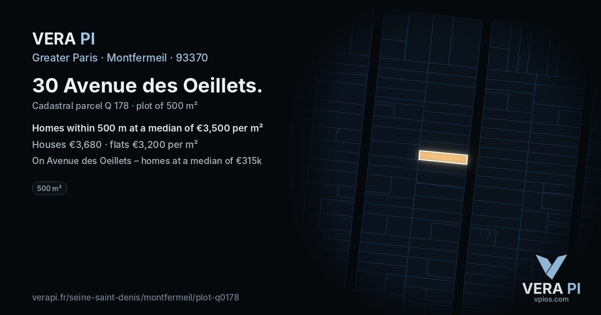 30 Avenue des Oeillets, Montfermeil at night – the plot lit, the parcels around coloured by the prices near them