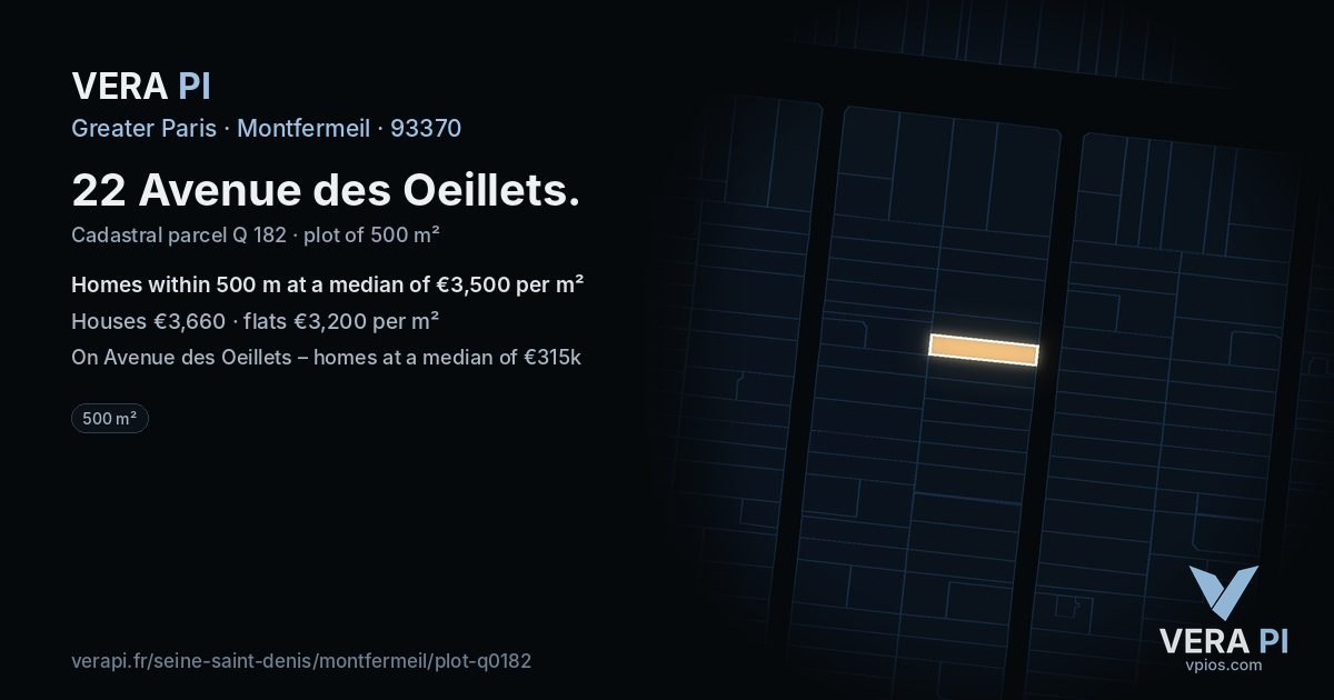 22 Avenue des Oeillets, Montfermeil at night – the plot lit, the parcels around coloured by the prices near them