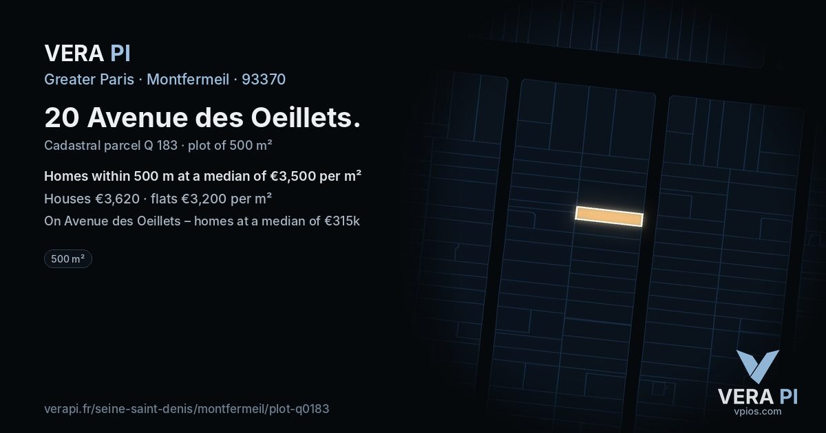 20 Avenue des Oeillets, Montfermeil at night – the plot lit, the parcels around coloured by the prices near them