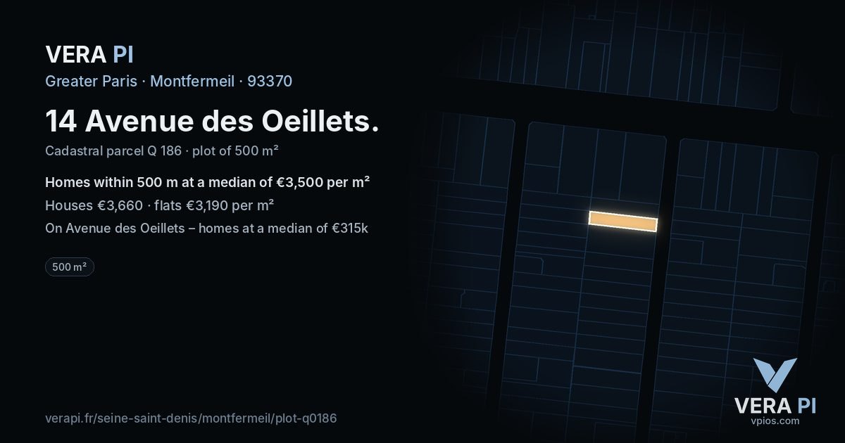 14 Avenue des Oeillets, Montfermeil at night – the plot lit, the parcels around coloured by the prices near them