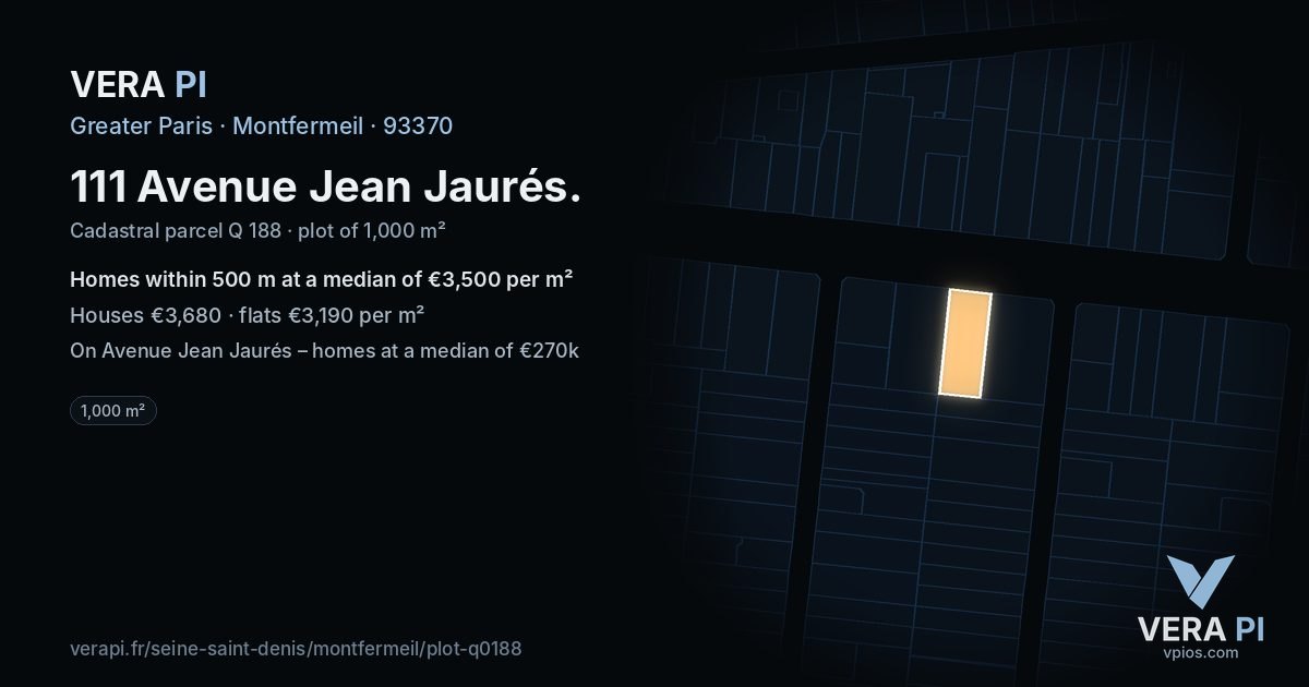 111 Avenue Jean Jaurés, Montfermeil at night – the plot lit, the parcels around coloured by the prices near them
