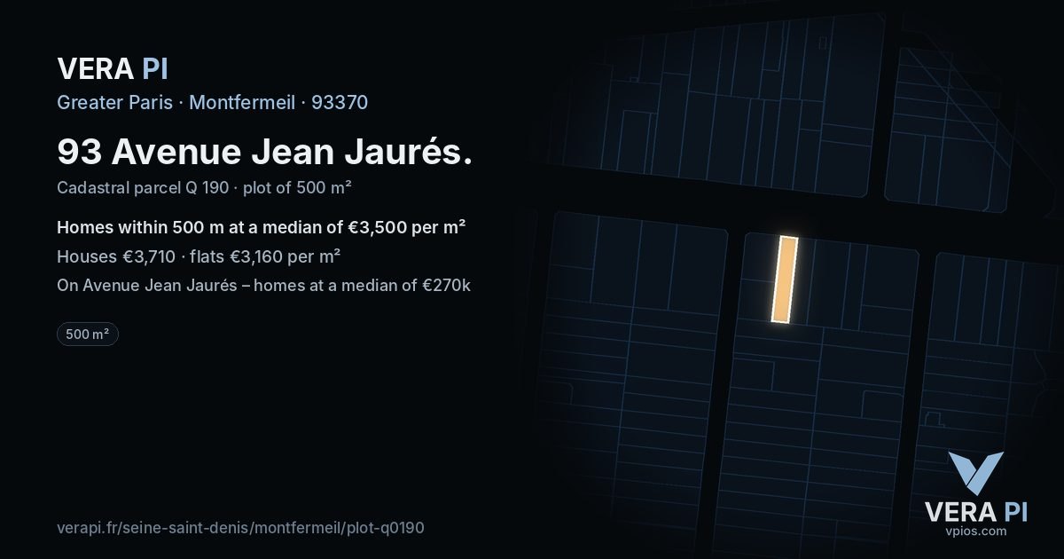 93 Avenue Jean Jaurés, Montfermeil at night – the plot lit, the parcels around coloured by the prices near them