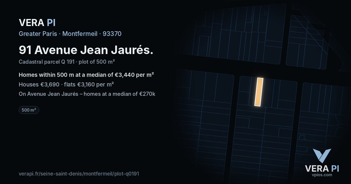 91 Avenue Jean Jaurés, Montfermeil at night – the plot lit, the parcels around coloured by the prices near them