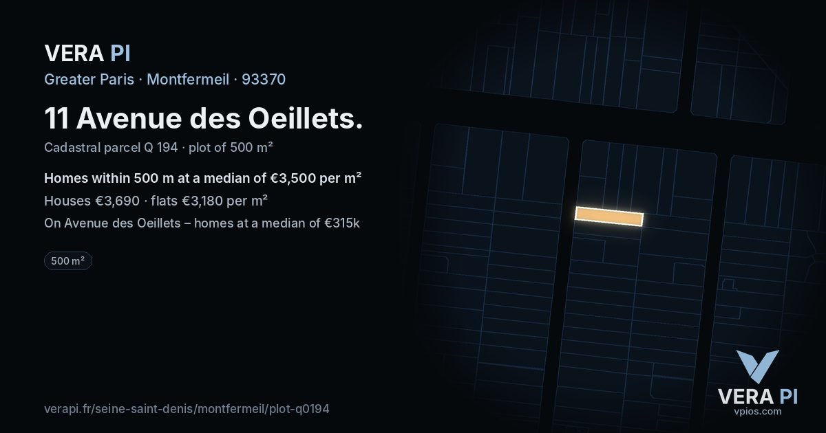 11 Avenue des Oeillets, Montfermeil at night – the plot lit, the parcels around coloured by the prices near them