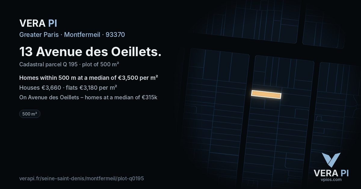 13 Avenue des Oeillets, Montfermeil at night – the plot lit, the parcels around coloured by the prices near them
