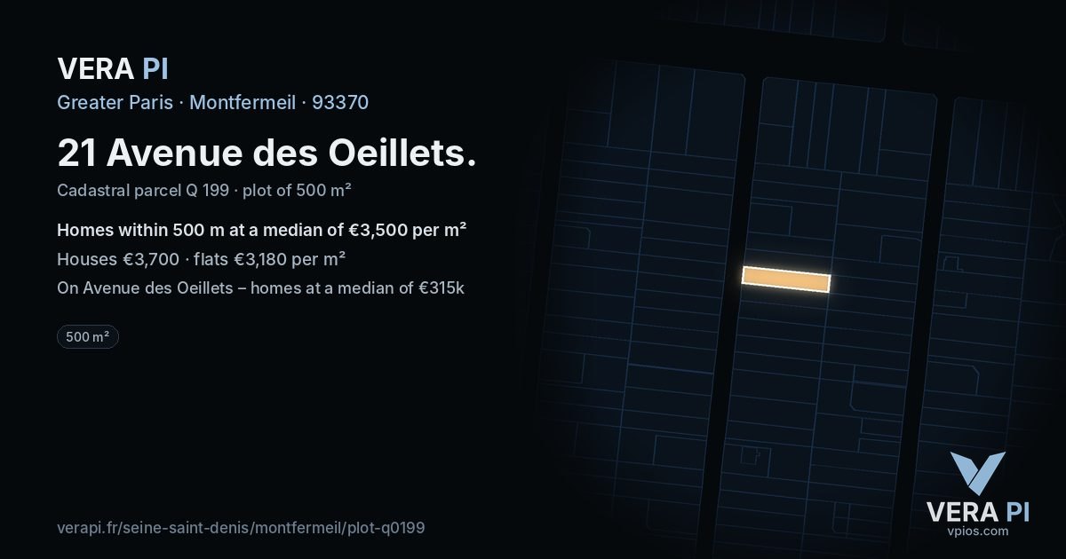 21 Avenue des Oeillets, Montfermeil at night – the plot lit, the parcels around coloured by the prices near them