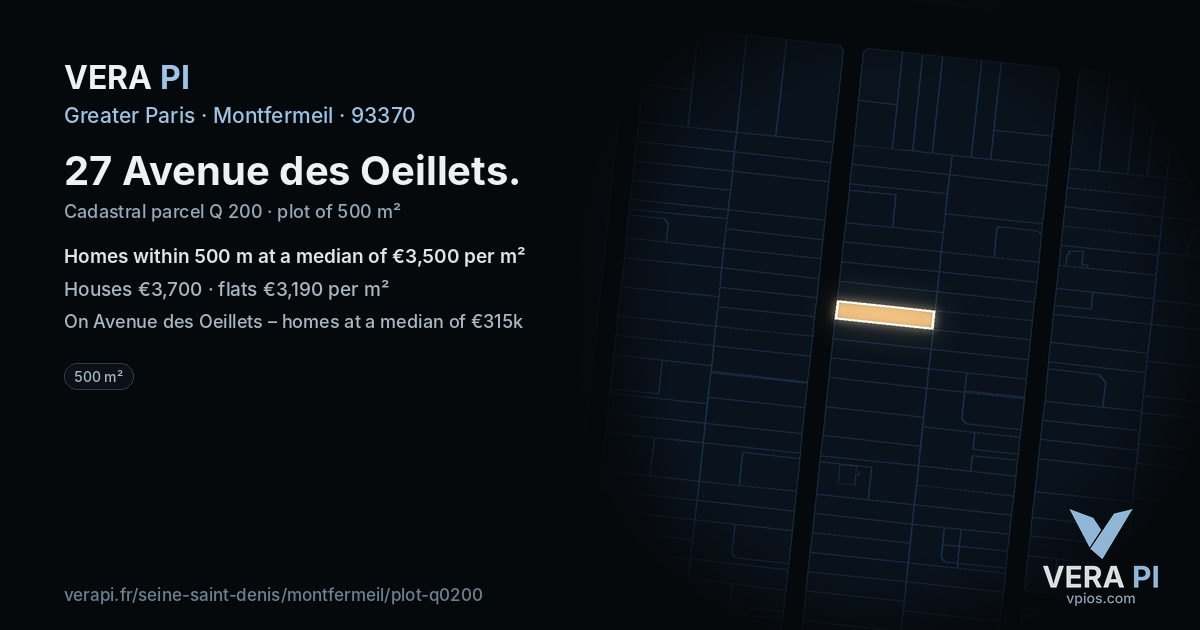 27 Avenue des Oeillets, Montfermeil at night – the plot lit, the parcels around coloured by the prices near them