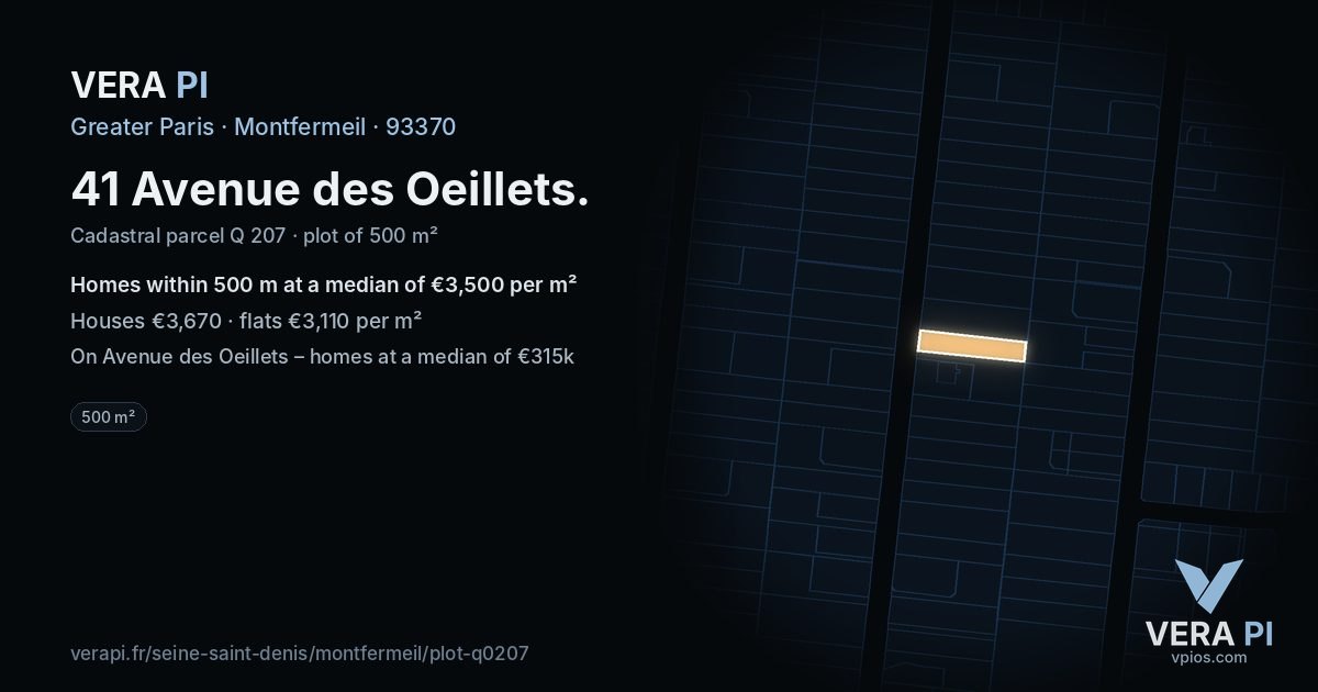 41 Avenue des Oeillets, Montfermeil at night – the plot lit, the parcels around coloured by the prices near them