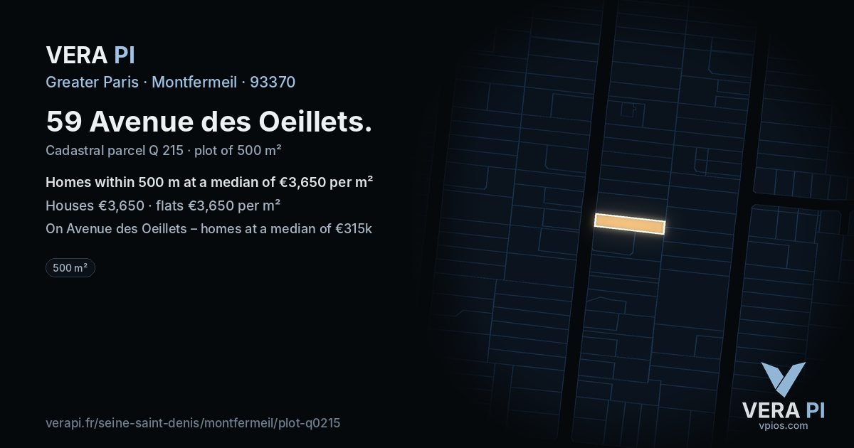 59 Avenue des Oeillets, Montfermeil at night – the plot lit, the parcels around coloured by the prices near them