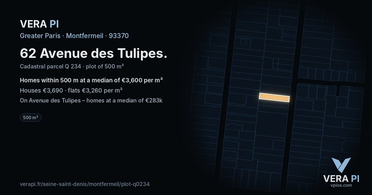 62 Avenue des Tulipes, Montfermeil at night – the plot lit, the parcels around coloured by the prices near them