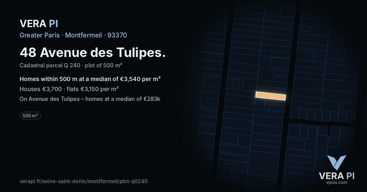 48 Avenue des Tulipes, Montfermeil at night – the plot lit, the parcels around coloured by the prices near them
