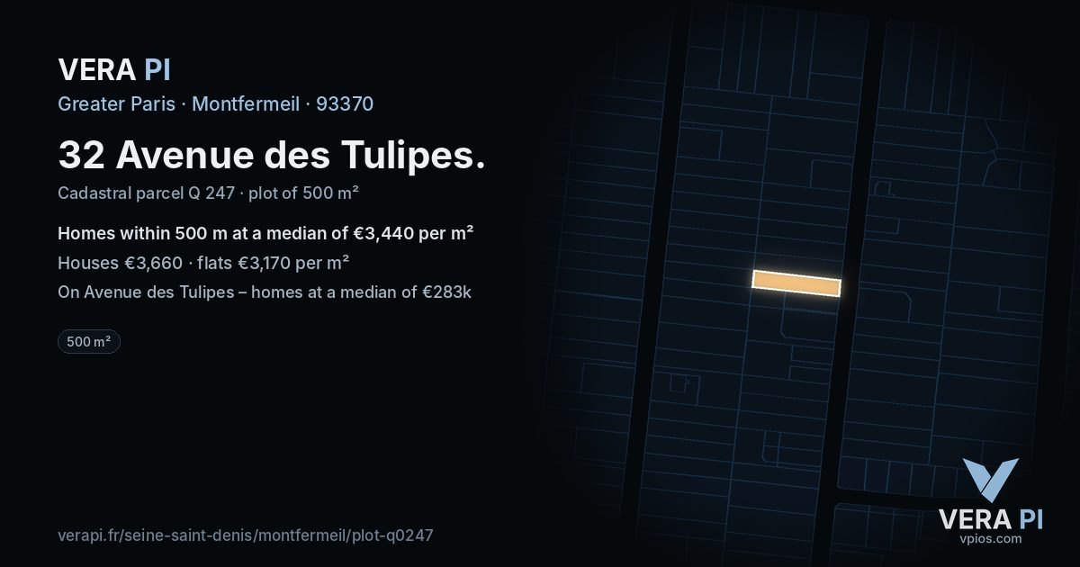 32 Avenue des Tulipes, Montfermeil at night – the plot lit, the parcels around coloured by the prices near them