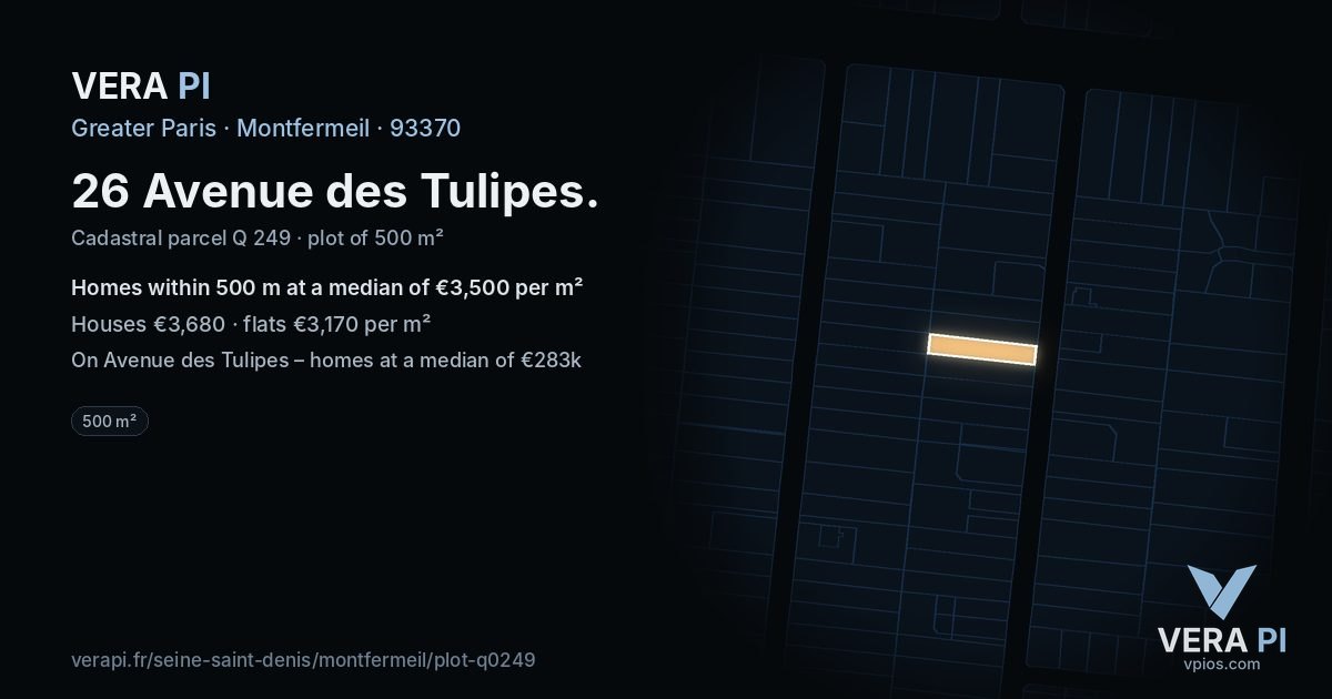 26 Avenue des Tulipes, Montfermeil at night – the plot lit, the parcels around coloured by the prices near them