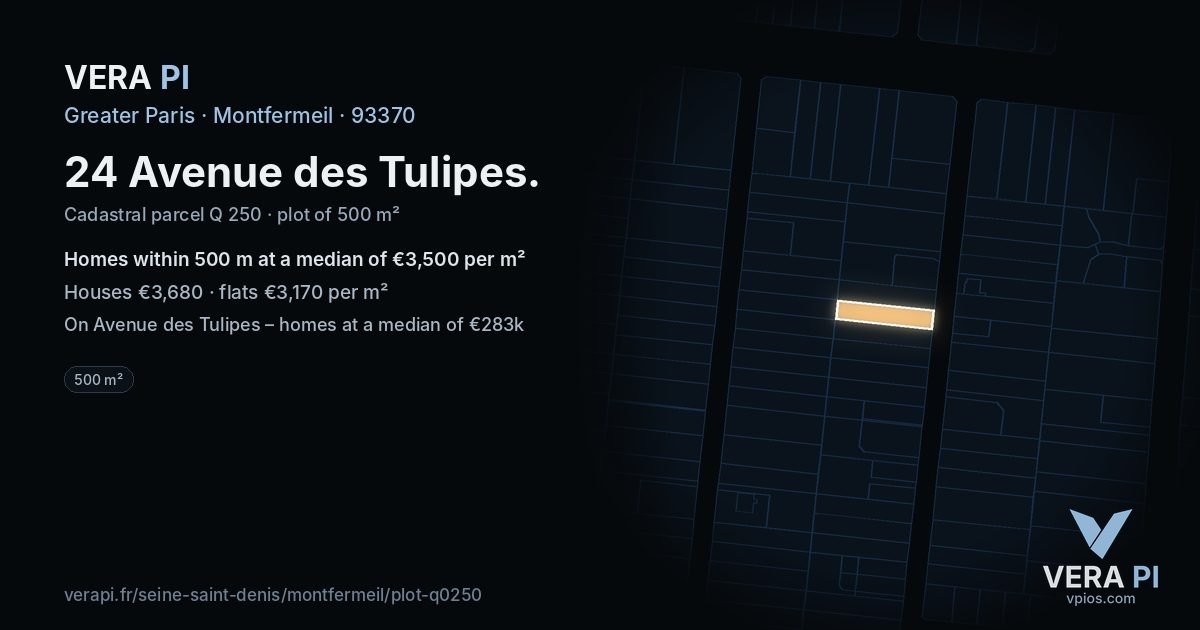 24 Avenue des Tulipes, Montfermeil at night – the plot lit, the parcels around coloured by the prices near them