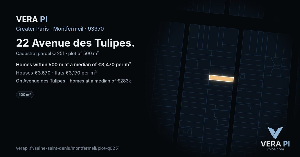 22 Avenue des Tulipes, Montfermeil at night – the plot lit, the parcels around coloured by the prices near them
