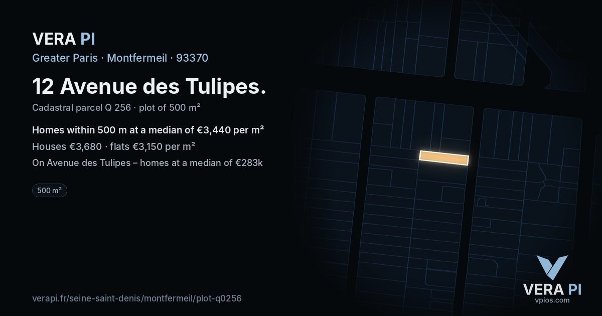 12 Avenue des Tulipes, Montfermeil at night – the plot lit, the parcels around coloured by the prices near them
