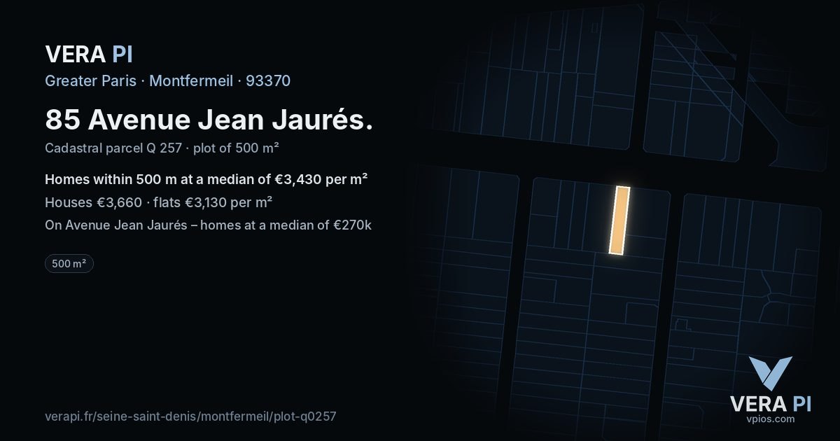 85 Avenue Jean Jaurés, Montfermeil at night – the plot lit, the parcels around coloured by the prices near them