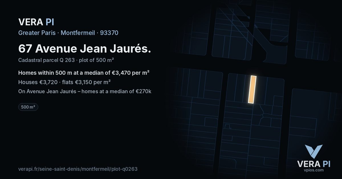 67 Avenue Jean Jaurés, Montfermeil at night – the plot lit, the parcels around coloured by the prices near them
