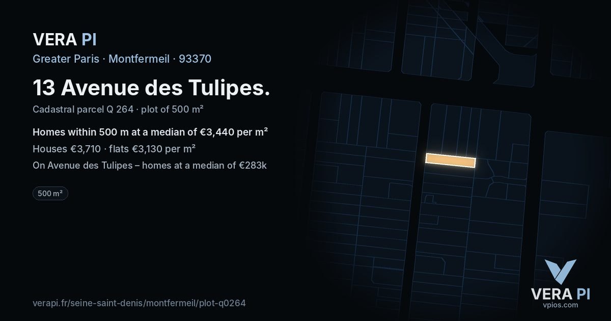 13 Avenue des Tulipes, Montfermeil at night – the plot lit, the parcels around coloured by the prices near them