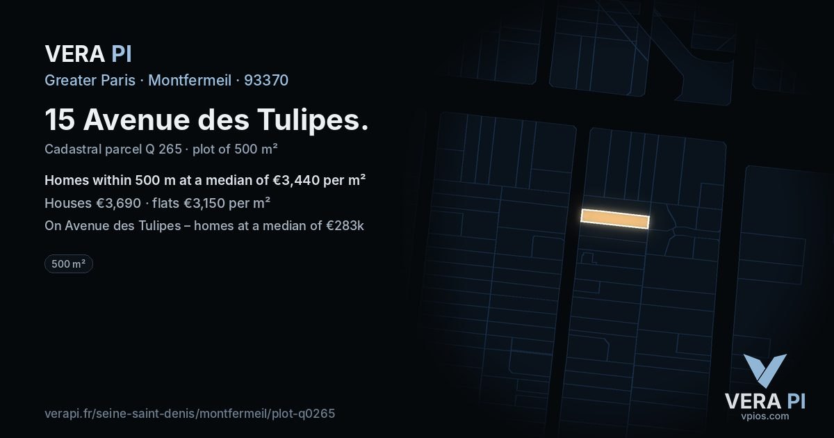 15 Avenue des Tulipes, Montfermeil at night – the plot lit, the parcels around coloured by the prices near them