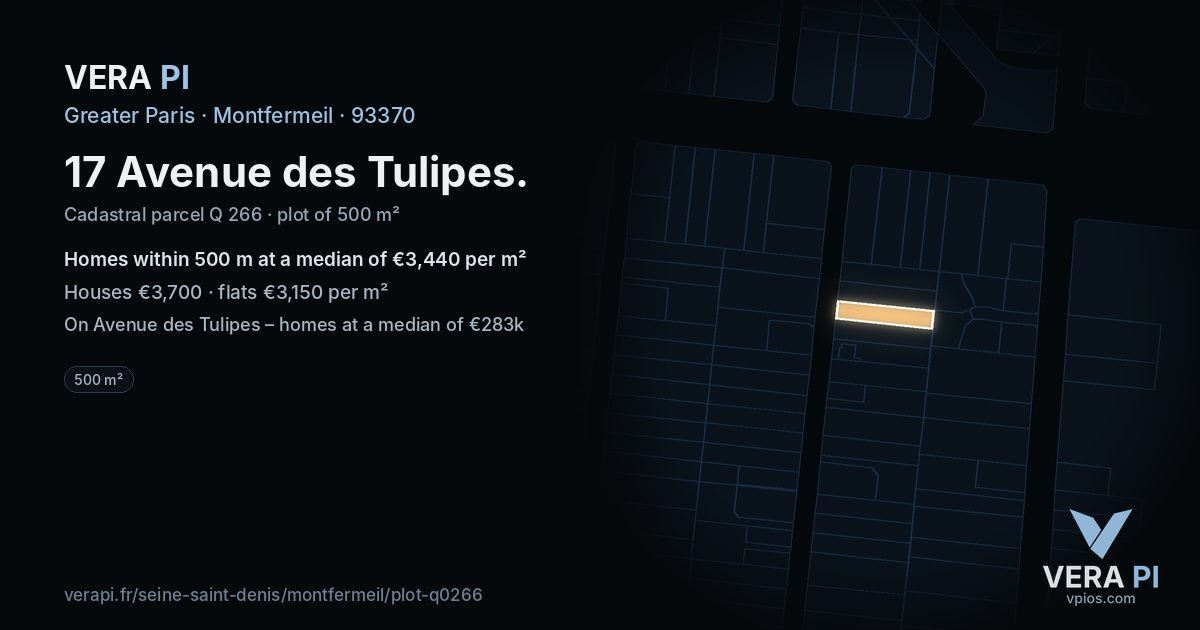 17 Avenue des Tulipes, Montfermeil at night – the plot lit, the parcels around coloured by the prices near them