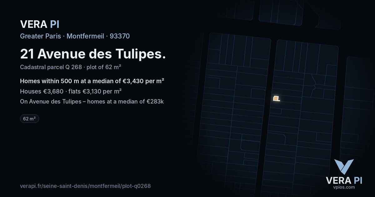 21 Avenue des Tulipes, Montfermeil at night – the plot lit, the parcels around coloured by the prices near them