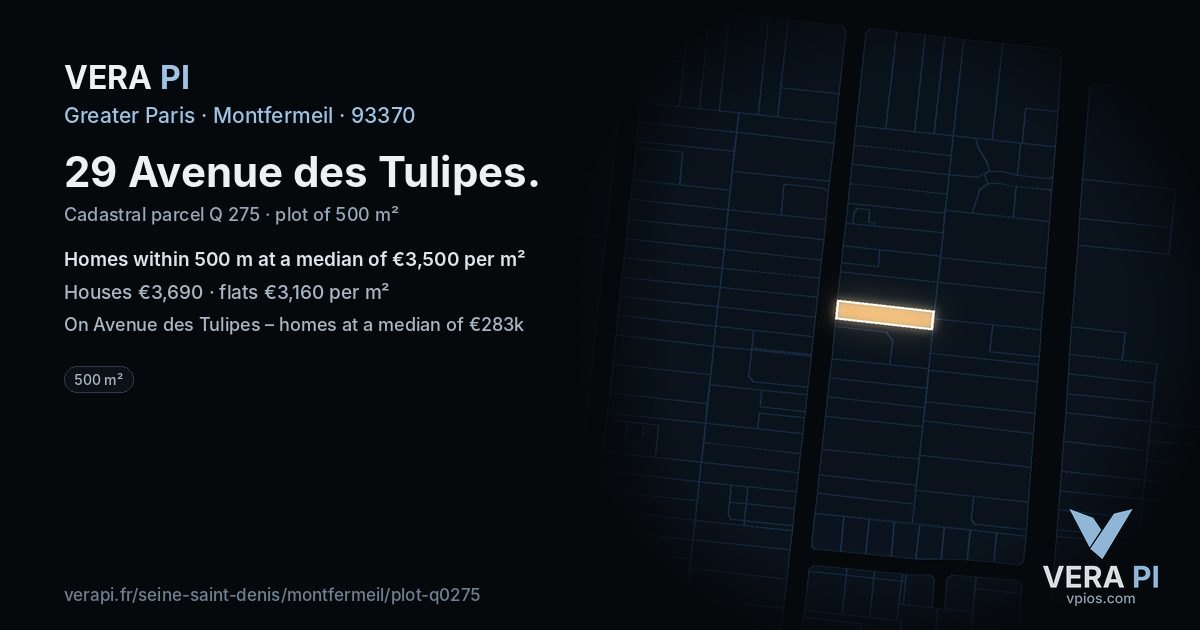 29 Avenue des Tulipes, Montfermeil at night – the plot lit, the parcels around coloured by the prices near them