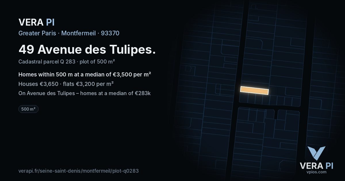 49 Avenue des Tulipes, Montfermeil at night – the plot lit, the parcels around coloured by the prices near them