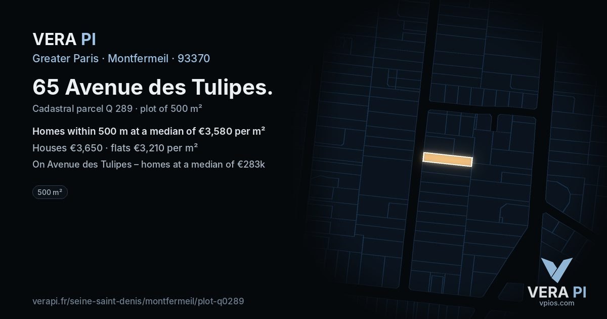 65 Avenue des Tulipes, Montfermeil at night – the plot lit, the parcels around coloured by the prices near them