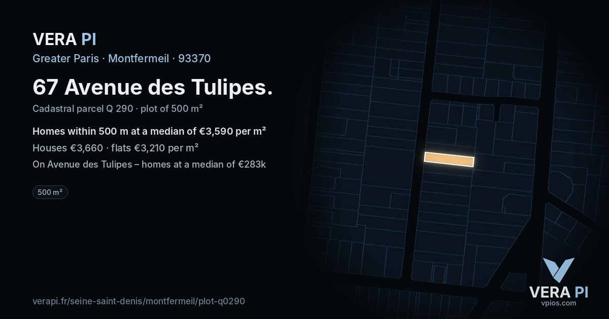 67 Avenue des Tulipes, Montfermeil at night – the plot lit, the parcels around coloured by the prices near them