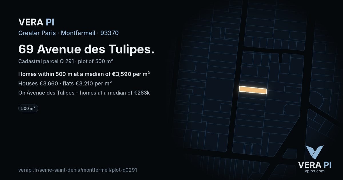 69 Avenue des Tulipes, Montfermeil at night – the plot lit, the parcels around coloured by the prices near them