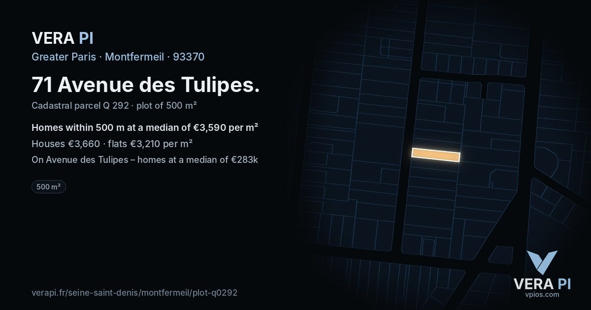 71 Avenue des Tulipes, Montfermeil at night – the plot lit, the parcels around coloured by the prices near them
