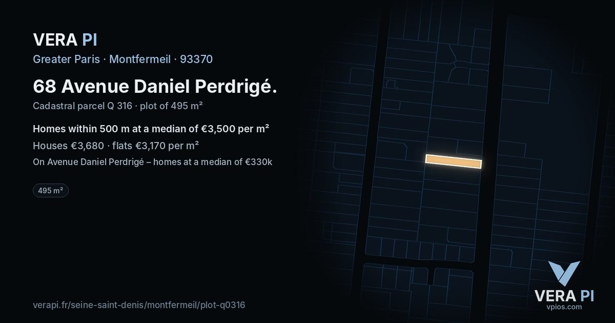 68 Avenue Daniel Perdrigé, Montfermeil at night – the plot lit, the parcels around coloured by the prices near them