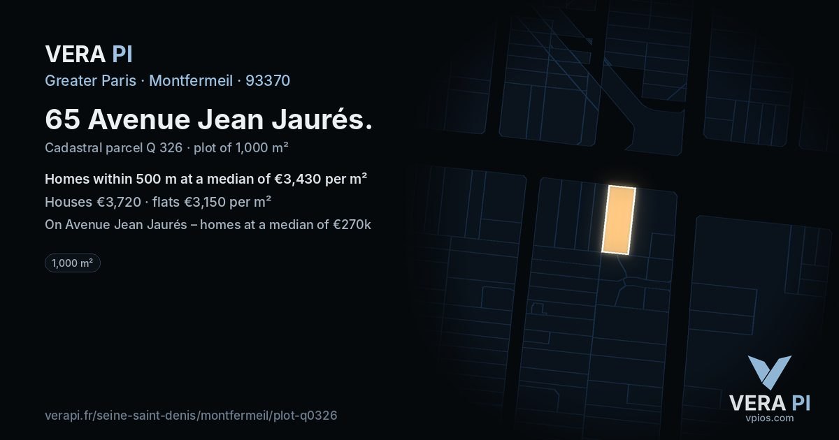 65 Avenue Jean Jaurés, Montfermeil at night – the plot lit, the parcels around coloured by the prices near them