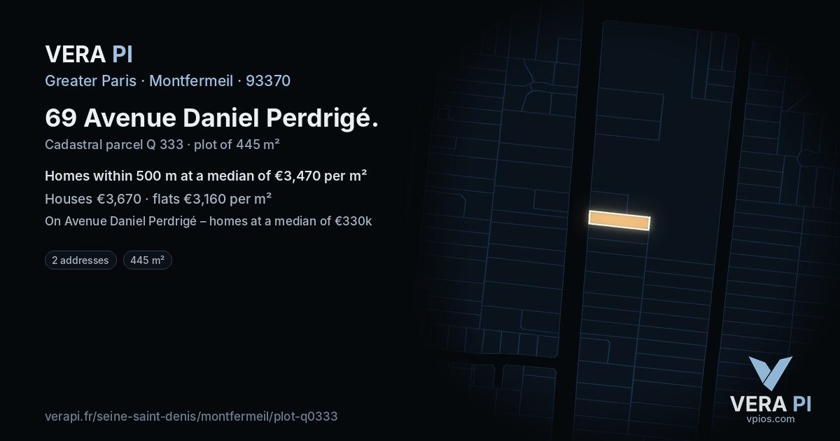 69 Avenue Daniel Perdrigé, Montfermeil at night – the plot lit, the parcels around coloured by the prices near them