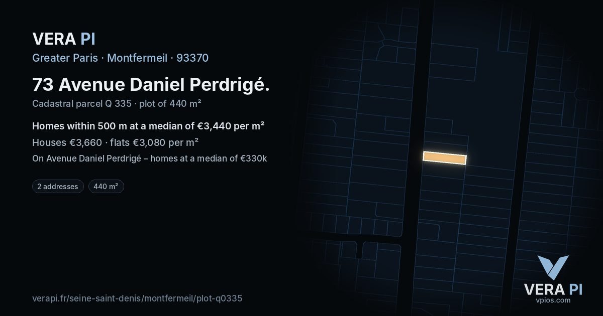 73 Avenue Daniel Perdrigé, Montfermeil at night – the plot lit, the parcels around coloured by the prices near them