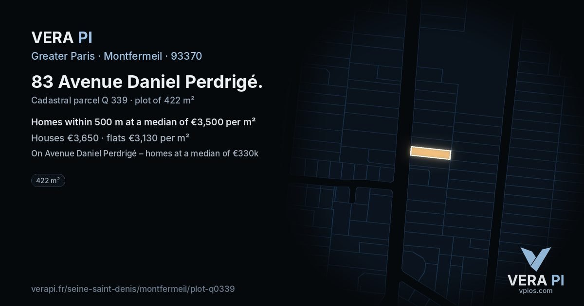 83 Avenue Daniel Perdrigé, Montfermeil at night – the plot lit, the parcels around coloured by the prices near them