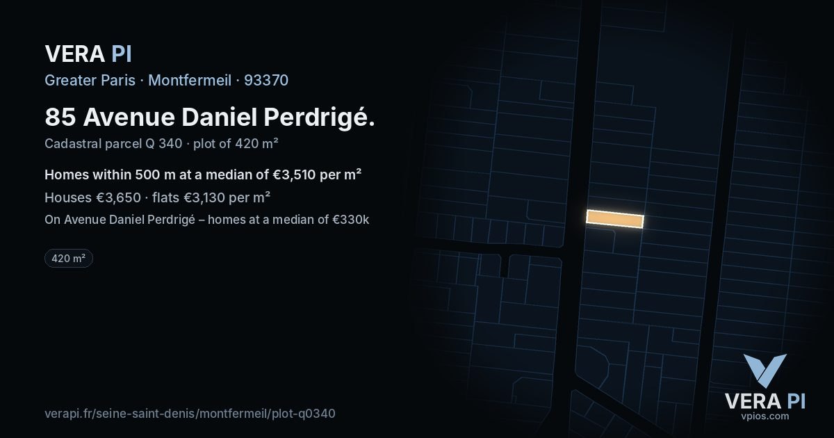 85 Avenue Daniel Perdrigé, Montfermeil at night – the plot lit, the parcels around coloured by the prices near them