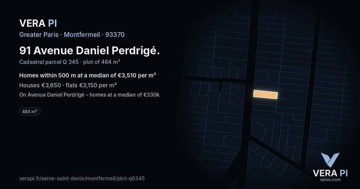 91 Avenue Daniel Perdrigé, Montfermeil at night – the plot lit, the parcels around coloured by the prices near them