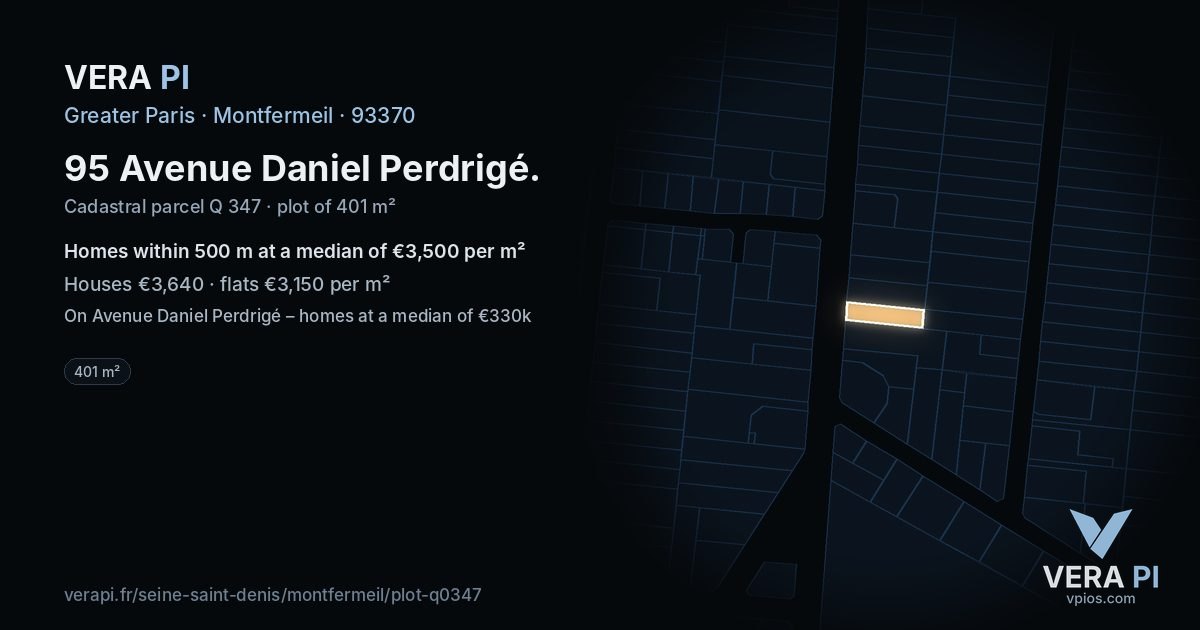 95 Avenue Daniel Perdrigé, Montfermeil at night – the plot lit, the parcels around coloured by the prices near them