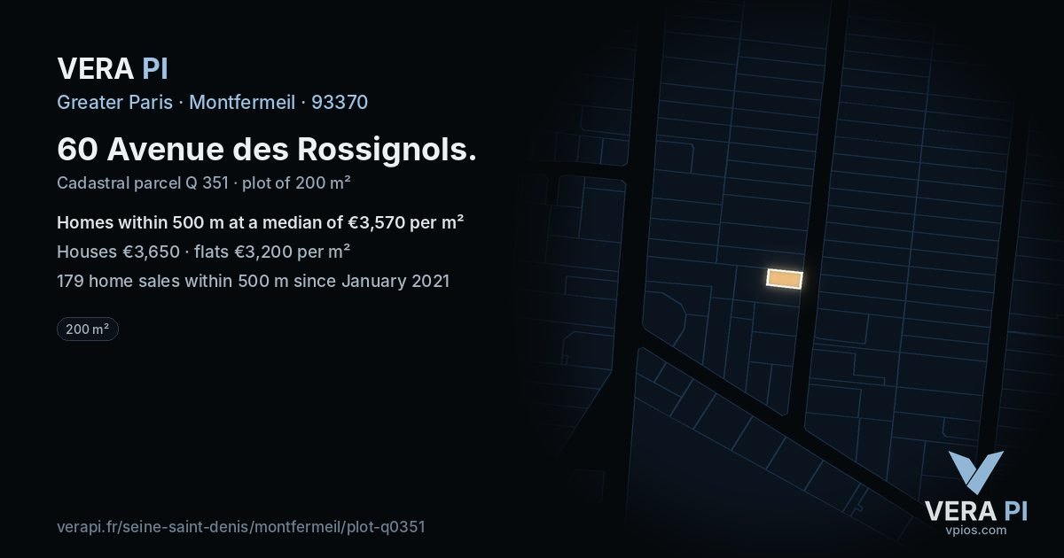 60 Avenue des Rossignols, Montfermeil at night – the plot lit, the parcels around coloured by the prices near them
