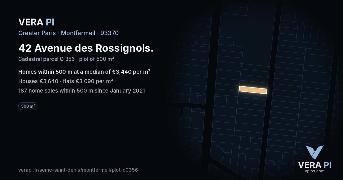 42 Avenue des Rossignols, Montfermeil at night – the plot lit, the parcels around coloured by the prices near them