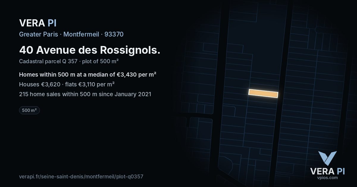 40 Avenue des Rossignols, Montfermeil at night – the plot lit, the parcels around coloured by the prices near them