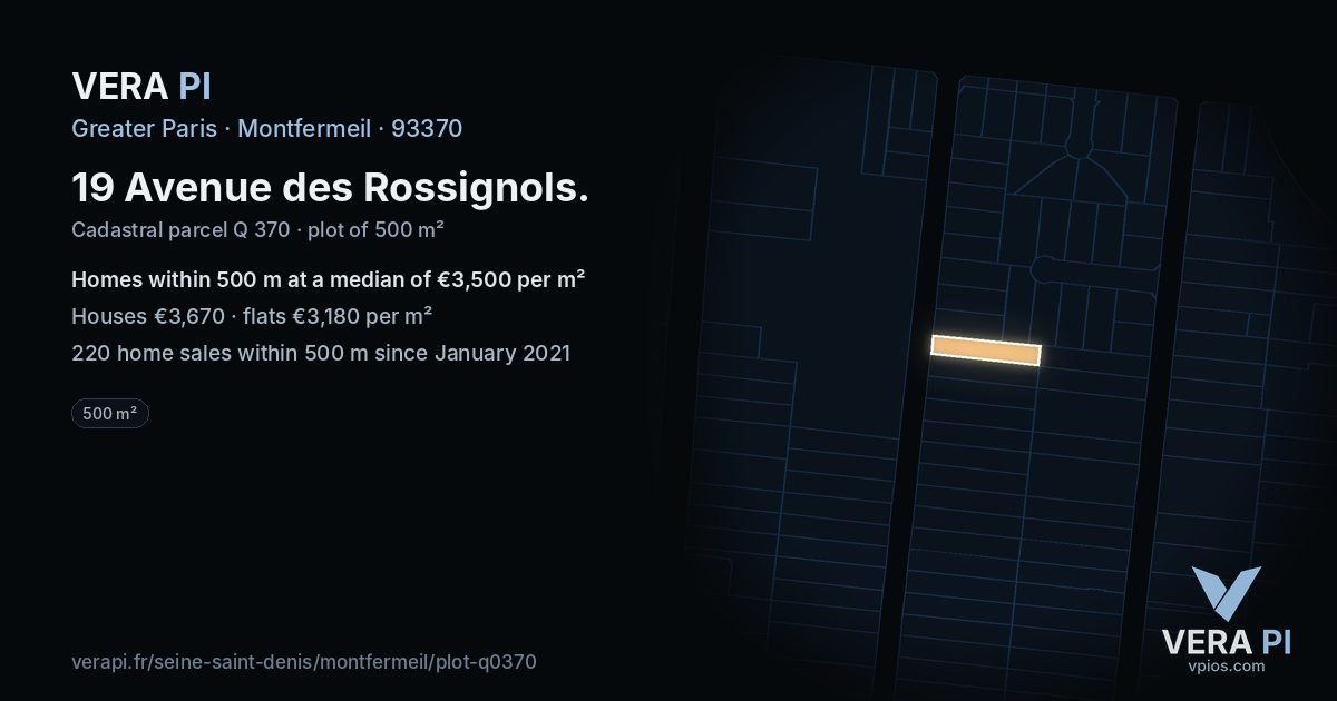 19 Avenue des Rossignols, Montfermeil at night – the plot lit, the parcels around coloured by the prices near them