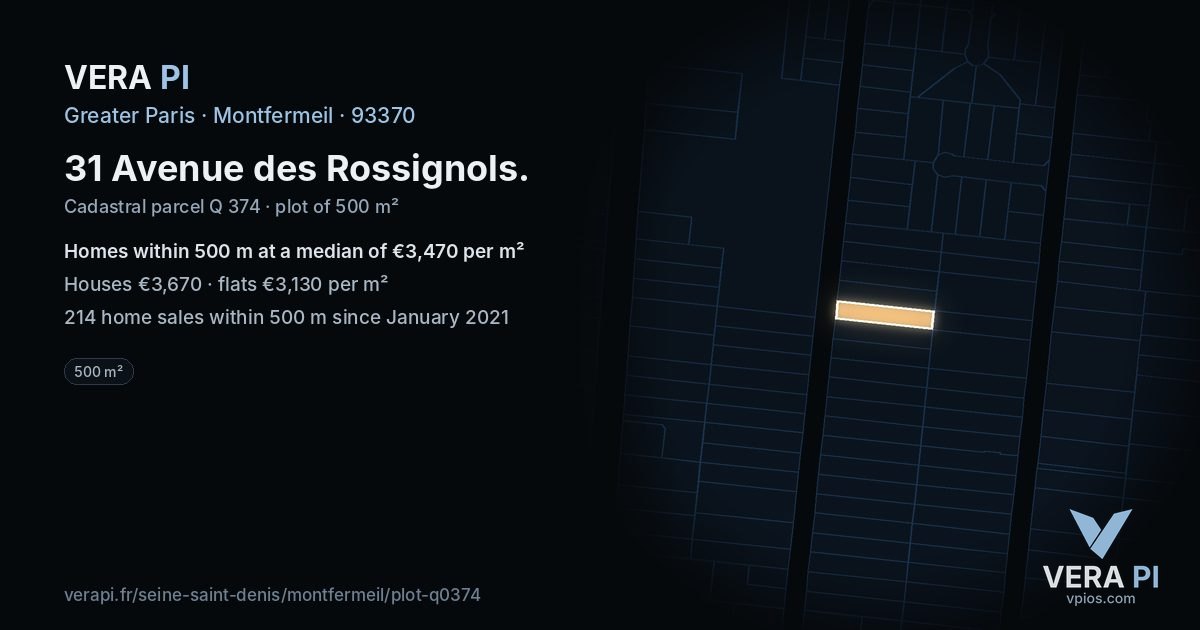 31 Avenue des Rossignols, Montfermeil at night – the plot lit, the parcels around coloured by the prices near them