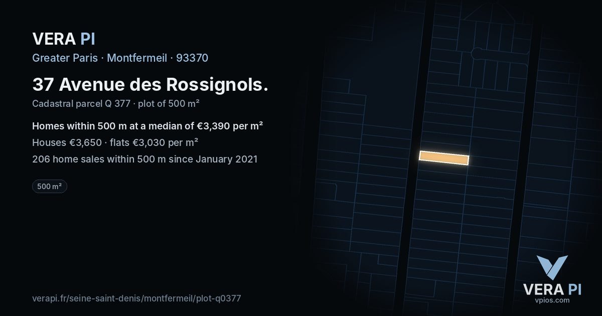 37 Avenue des Rossignols, Montfermeil at night – the plot lit, the parcels around coloured by the prices near them