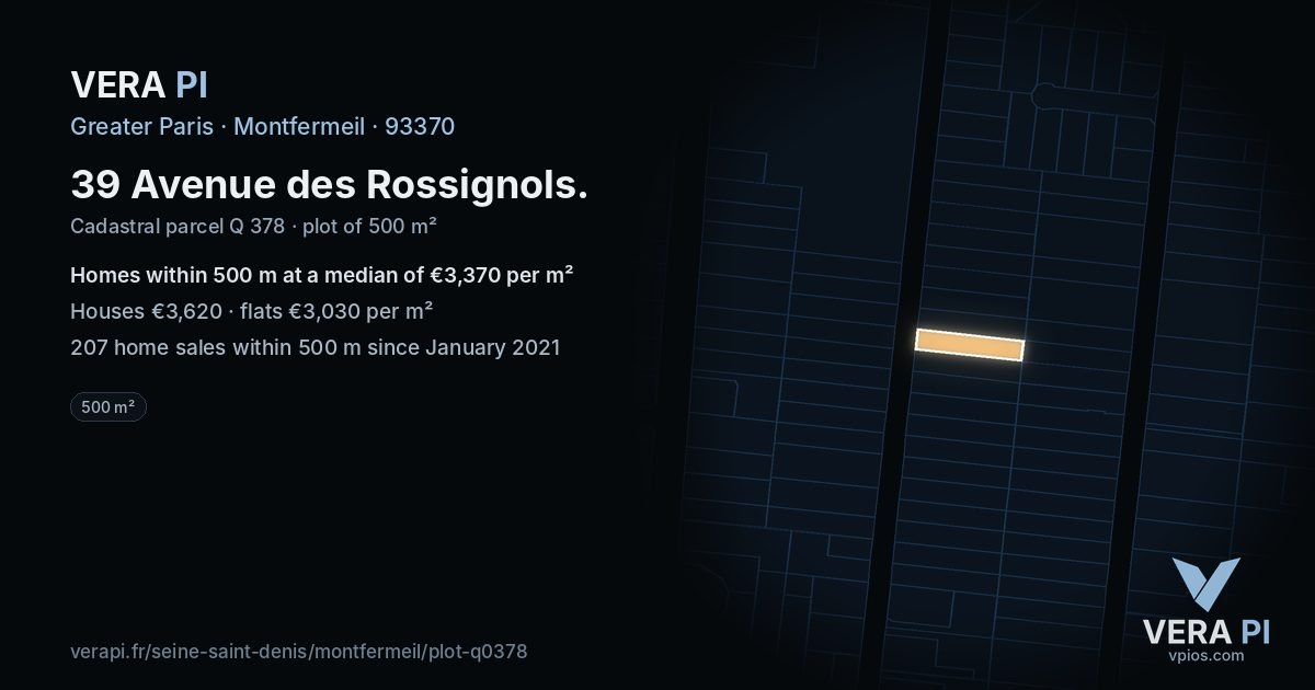 39 Avenue des Rossignols, Montfermeil at night – the plot lit, the parcels around coloured by the prices near them