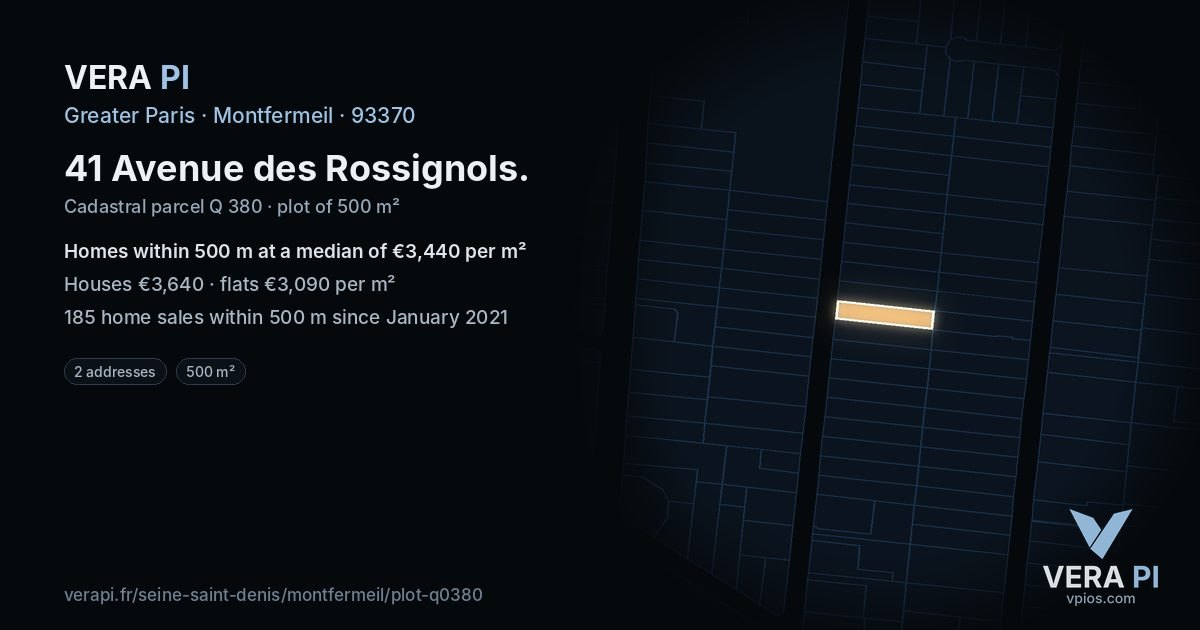 41 Avenue des Rossignols, Montfermeil at night – the plot lit, the parcels around coloured by the prices near them