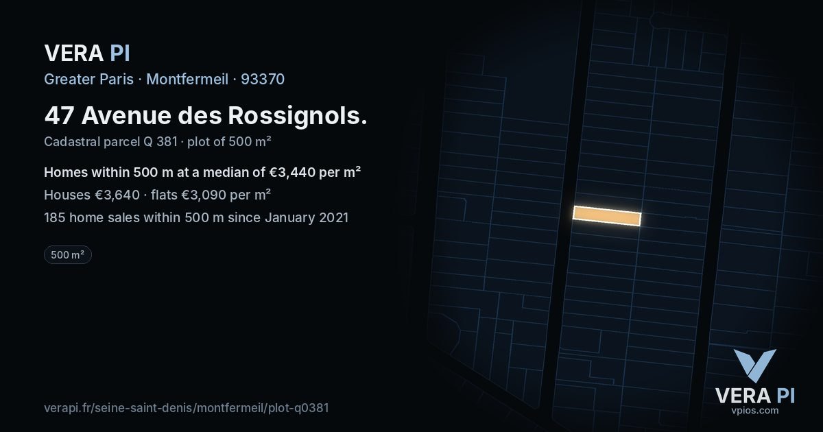 47 Avenue des Rossignols, Montfermeil at night – the plot lit, the parcels around coloured by the prices near them